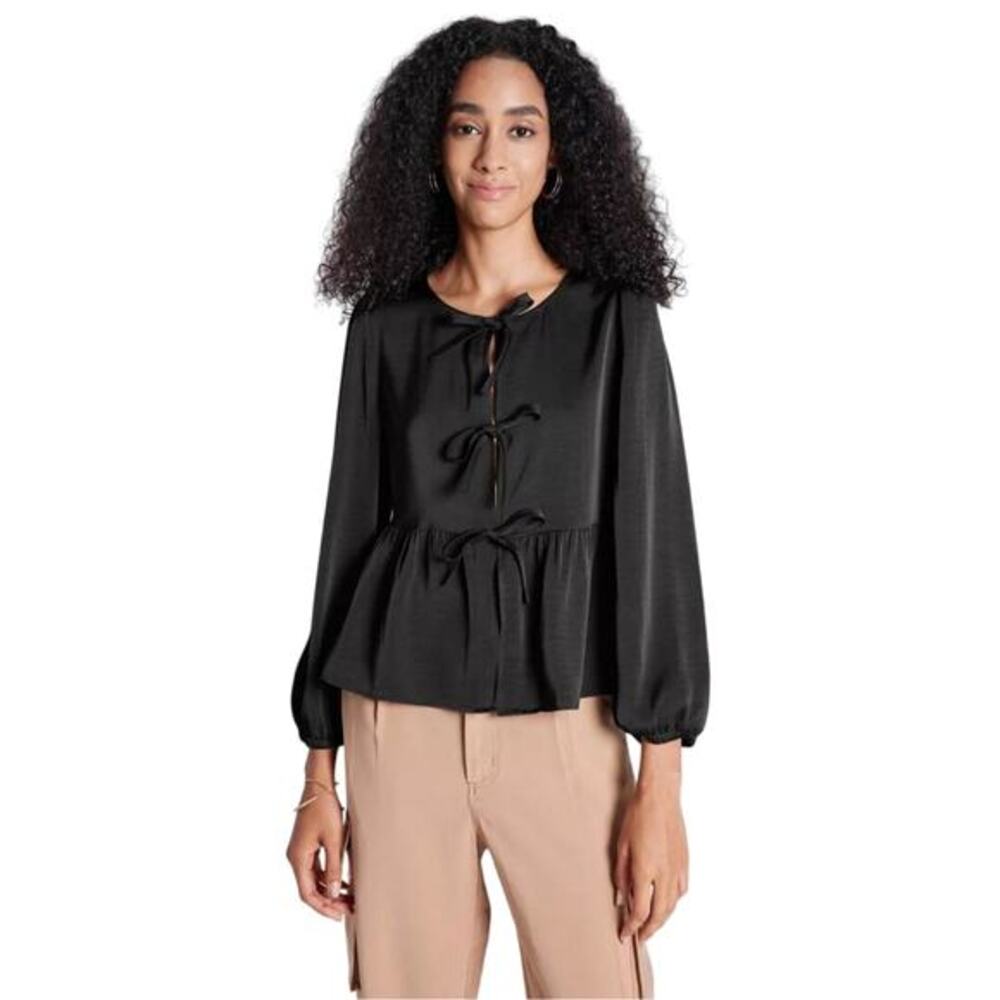 A New Day Women's Satin‎ Balloon Long Sleeve Tie Front Blouse Black Size Large